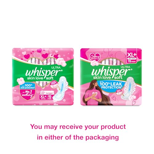 Whisper Ultra Soft Sanitary Pads For Women, Xl+,Pack of 15