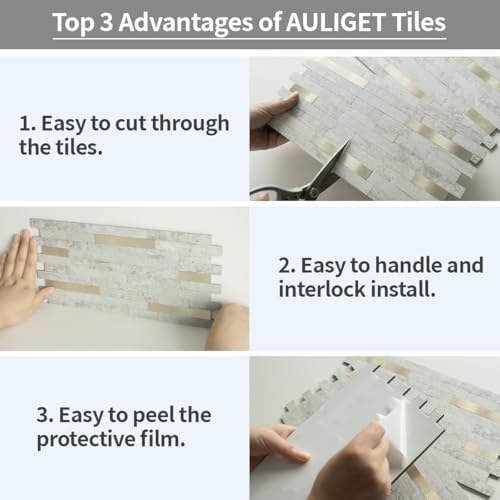 AULIGET 2 Sheets Faux Stone Peel and Stick Backsplash, Beige Stone Look PVC Wall Tile Stick on Backsplash for Kitchen and Bathroom — view 6