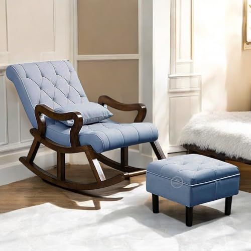 Image of Solid Sheesham Wood Rocking Chair for Living Room with Footrest and Pillow | Ergonomic Resting Chair with Ottoman for Relaxing and Pregnant Women (Lite Blue)