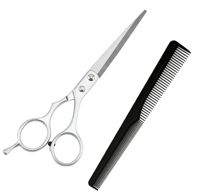 AKADO Plastic Hairdressing Barber Comb with Hair Cutting Scissor Professional Hair-Cutting Shears with Comb Set for Salon (Black) (Pack Of 2)
