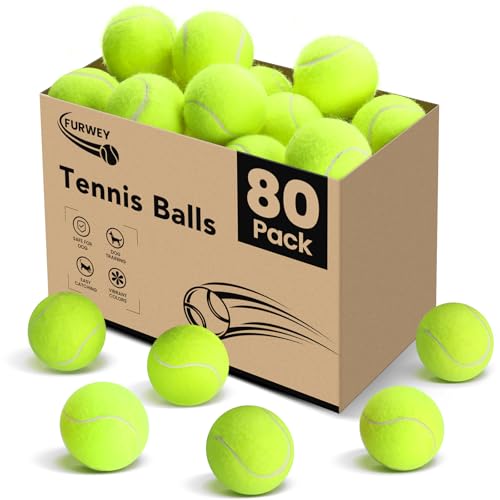 FURWEY 80 Pack Tennis Balls Thickened Tennis with Mesh Bag for Transport High Elasticity Training Balls for Beginner Playing Balls for Dogs