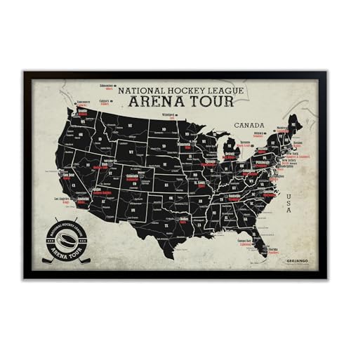 Framed Hockey Arena Map - Features All Professional Hockey Teams & Arenas - Track your Sports Travels - Includes 35 Red Push Pins