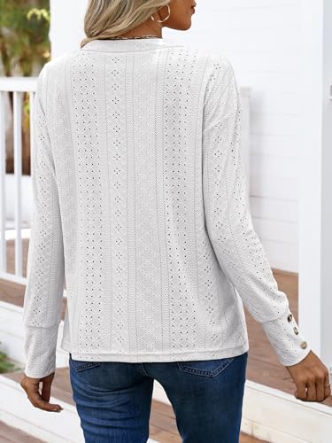 ANRABESS Womens Eyelet Tops Long Sleeve Henley Shirts Business Dressy Casual Blouse Vacation T-Shirt 2025 Fall Outfits