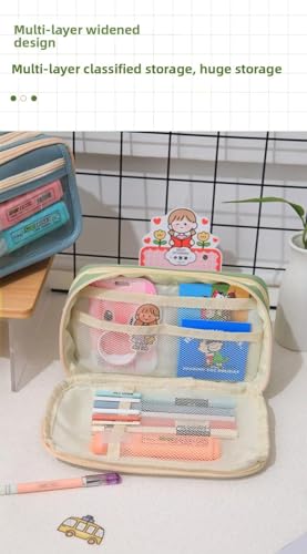 Image of Canvas School Bag Pencil Case, 3 Layer 6 Compartment Large Capacity, Aesthetic Pencil Pouch for Stationary, Cute Stationery for Kids, Pencil Case for Girls & Boys (Green T)