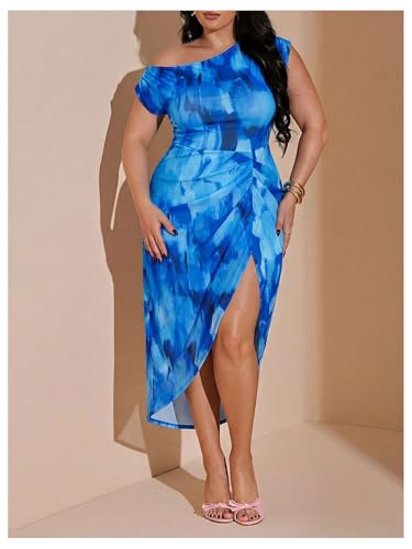 Image of Floerns Women's Plus Size Asymmetrical Neck Long Dress Ruched Slit Hem Cocktail Dress