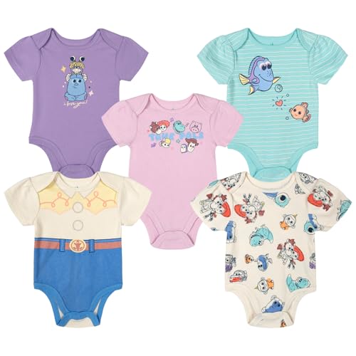 Disney Pixar Newborn Baby Girls 5 Pack Bodysuits Purple/Beige Pink Turquoise 0-3 Months