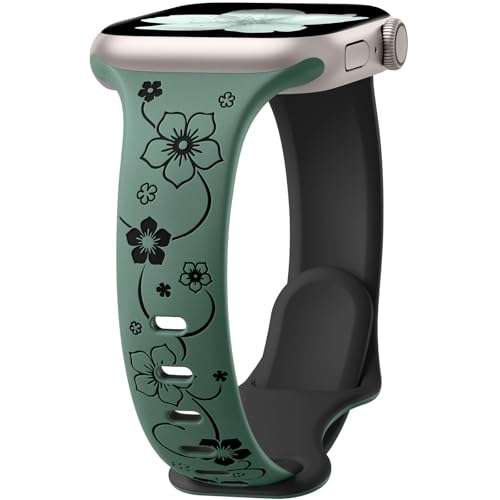 Lerobo Slim Thin Two-Tone Compatible with Apple Watch Band 40mm 38mm 41mm 42mm 44mm 45mm 46mm 49mm for Women- Soft Cute Flower/Heart Engraved Sport Band for iWatch Series 11 10 9 8 7 6 5 4 3