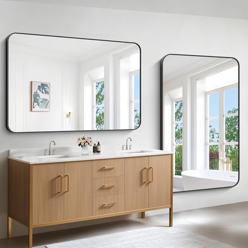 Image of Bathroom Mirror, 55 x 36 inch Black Rectangle Wall Mirror, Metal Frame Rounded Corner Vanity Mirror, Large Wall Mounted Mirrors for Over Sink Bedroom Living Room Horizontal Or Vertical Mounting