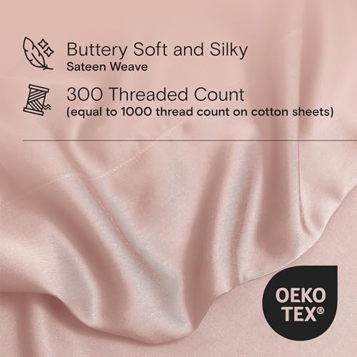 Image of DOZ Sheet Set, 100% Viscose derived from Bamboo, Organically Grown, Buttery Soft, Cooling Sheets, High GSM, Deep Pockets - 4 Piece - 2 Pillowcases 1 Fitted 1 Top Sheet (Blush, Cal King)