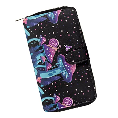 doginthehole Mushroom Long Wallets Card Holder Organizer with ID Window Women Leather Purse Large Cell Phone Holder Clutch Wallet Ladies Travel Purse