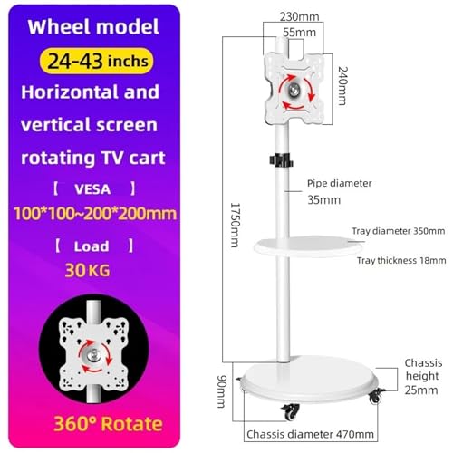 Support TV mobile à roulettes orientable pour écran plat 24 à 43 pouces