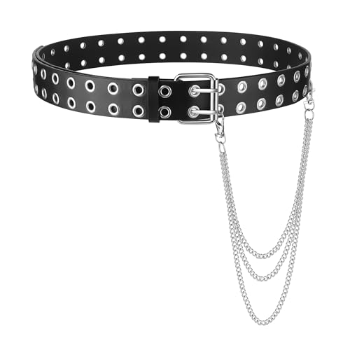 SONNYX Double Grommet Leather Belt with Detachable Chain for Women Men Punk Black Belt with Double Studded Holes