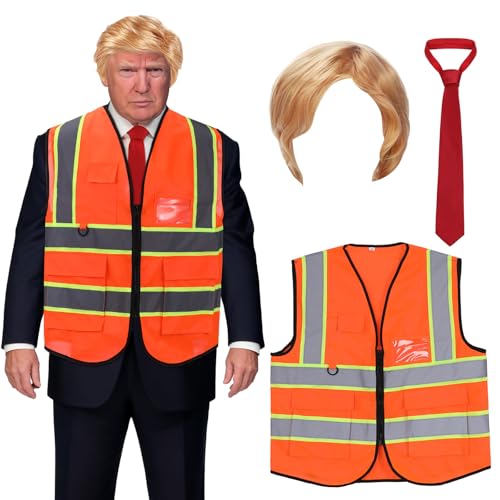 Shyyween 3 Pcs Celebrity Costume Kit Halloween Funny Celebrity Cos Cleaner Presidential Candidate Wig Set Including Orange Vest, Wig, Red White Tie for Halloween Cosplay Party
