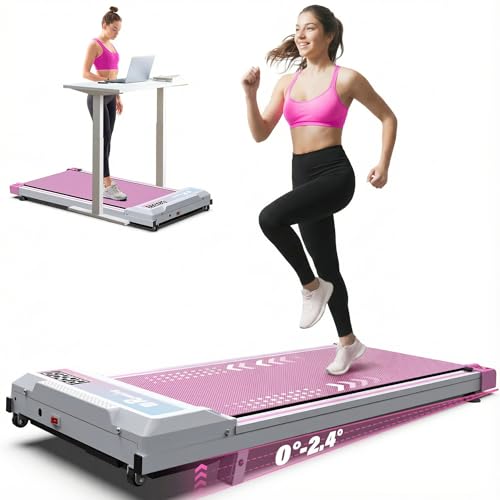 LIVIVOX Under Desk Treadmill, Treadmill for Compact Storage with Retractable Design, Walking Pad with Incline for Home Office, 300 Lbs Weight Capacity, LED Display, Remote Control (Pink)