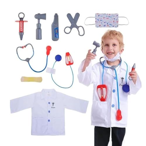 Amerteer Kids Cosplay Costume Role Play Set Doctor Pretend Play Set Realistic Medical Kit for Kids with Lab Coat Stethoscope and Accessories for Ages 3-8 Years
