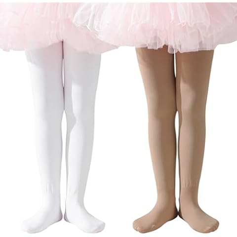 Mini angel Girls Fleece Lined Tights Winter Thick Thermal Leggings Footed Dance Tights for 5-7 Years, 2 Pairs (White+Nude, M) Cover