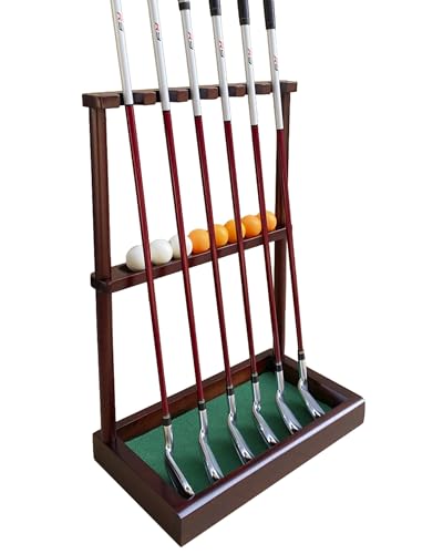 Golf Club Holder Stand, Wooden Golf Putter Stand Floor Display Rack, Golf Club Organizer Hold up to 6 Clubs and Ball Storage, Putter Rack for Indoor Club Simulator or Office (Mahogany)