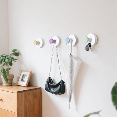 Image of Heavy Duty Suction Cup Hooks for Bathroom & Kitchen | No Drilling Wall Hooks for Towels, Clothes & Decorations | Reusable Waterproof Hooks (Multicolor, Pack of 4)
