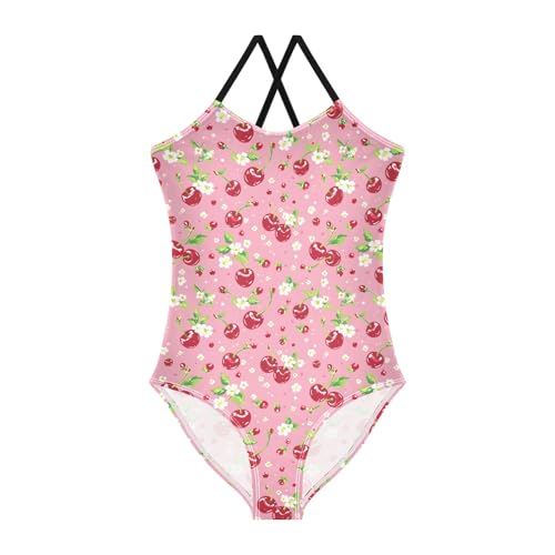 senya Girls Swimsuits One-Piece Swimwear Tie Bathing Suit Beach Summer Round Neck 5-6T Cherries and Flowers on Pink Pattern