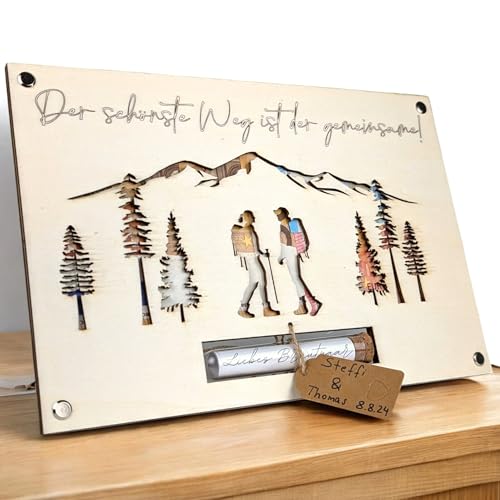 Geldgeschenk Hochzeit Wanderer aus Holz | Einzigartiges Hochzeitsgeschenk für Brautpaar | Paargeschenk | Hochzeits-Geldgeschenk | Flitterwochen-Geschenk | Personalisierbar im Reagenzglas