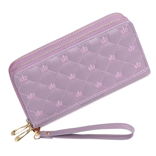 Genuine Leather Wallet for Women RFID Blocking Credit Card Holder with Double Zipper Phone Wristlet Purse (Pink)