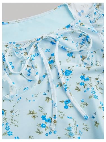 Image of Floerns Women's Floral Print Cap Sleeve Dress Square Neck Tie Front Summer A Line Cute Mini Dresses Blue M