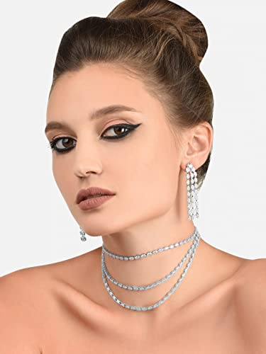 Image of ZAVERI PEARLS Silver Tone Marquise Cubic Zirconia Layered Necklace Earring & Bracelet Set For Women-ZPFK12586