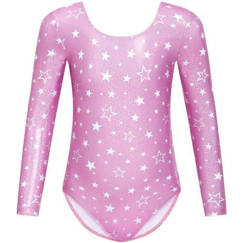 Gogokids Ensemble de gymnastique imprimé deux pièces pour filles, justaucorps à col en U et manches longues et élastique à cheveux, parfait pour la gymnastique, la danse et le yoga, pour enfants de 3