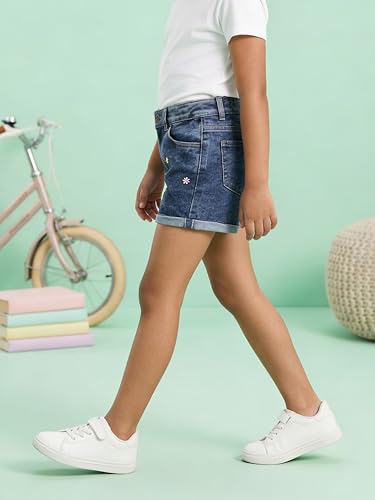 Image of KiddoPanti Girls Tight Length Rollup Denim Shorts with Lavender and Pink 3D Crochet Flowers