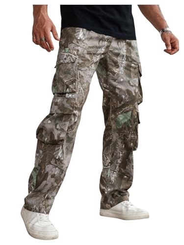 Verdusa Men's Camo Cargo Pants Straight Leg Drawstring Waist Long Trousers with Multi Pockets