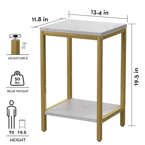 SAYGOER White Faux Marble End Tables 13.3''D Small Side Table with Storage Wood Night Stand Gold Metal Frames 2 Tier Bedside Table with Adjustable Feet, 1PCS, White Gold - Thumbnail 3