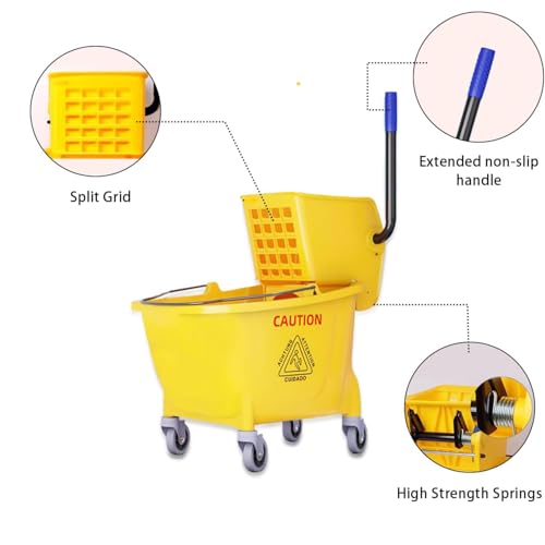 Image of Commercial Mop Bucket with Side Press Wringer on Wheels,Industrial Heavy Duty Mop ldeal for Household and Public Places Floor,35-Quart(Yellow)