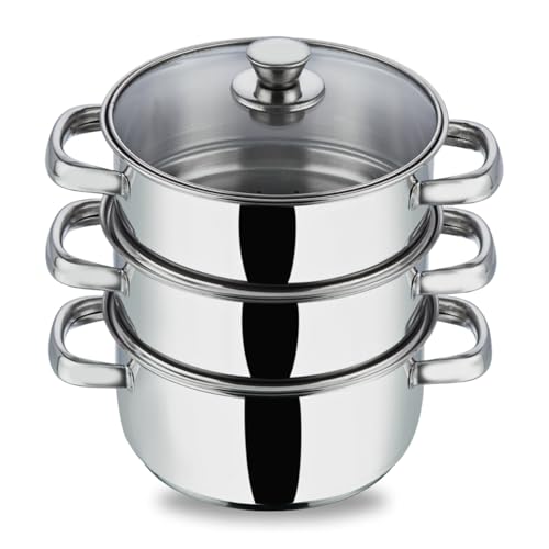 Vinod Stainless Steel 3-Tier Steamer with Glass Lid, 20 cm | 2.5 mm Thick Base | Multi-Purpose Steamer for Momos, Modaks, Vegetables & More | Riveted Handles | Induction & Gas Base | 2 Yr Warranty
