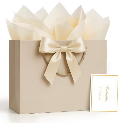 ANZNKU Gift Bags Medium with Handles with Ribbon Card and 2 Tissue Paper 1 Pcs Cute Champagne Beige Paper Gift Wrap Bag for Wedding Party Favors Birthday Baby Bridal Shower Engagement & Graduation