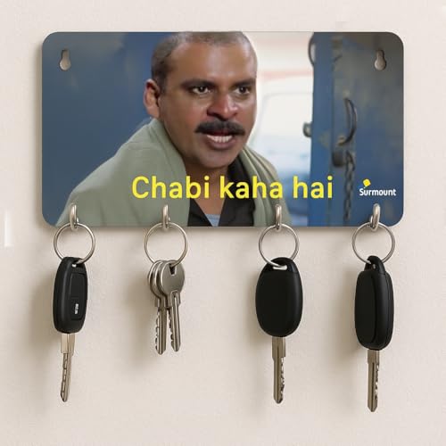 Image of Gangs of Wasseypur Key Holder - inchChabi Kaha Hai? inch Quote | Wooden Wall Mounted Organizer with 6 Hooks | Movie Merchandise Gift for Bollywood Fans | Surmount Gifting (30x10 cm)