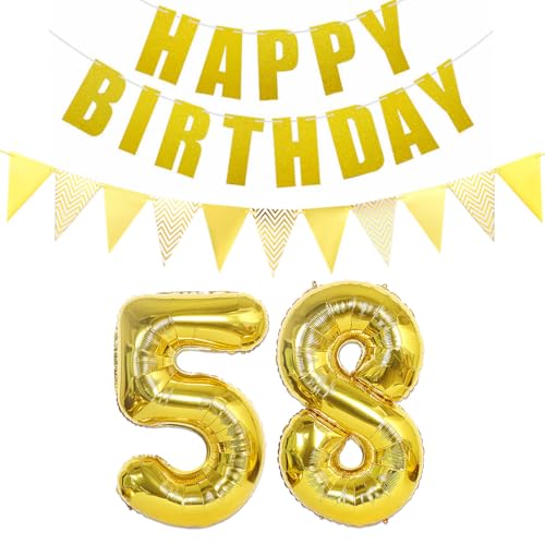 Ballons en forme de chiffre 58 dorés + guirlande Happy Birthday + bannière Ballon en aluminium 58 ans Décoration d'anniversaire pour femme et homme 58 ans Décoration d'anniversaire pour homme et femme