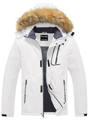 Image of Pursky Men's Waterproof Ski Jacket Winter Snow Coats Fur Hooded Raincoats Parka