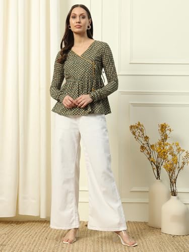Image of FIORRA Women's Green Cotton Top with Lace Detail and Printed Pattern