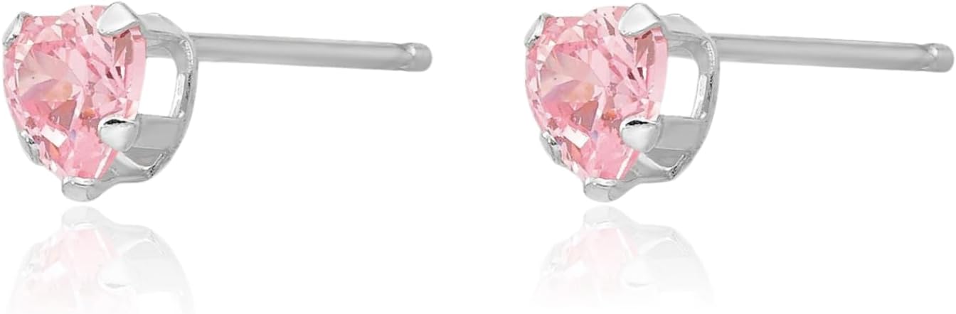 IceCarats 14K Solid White Gold Pink Cubic Zirconia Medium Stud Earrings 4mm Heart Cut, Prong Set, Butterfly Back For Her