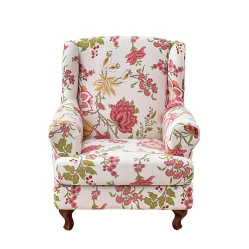 Fundas de sillón orejero pack de 2 en elastano lavable con estampado de rama de flor roja 2