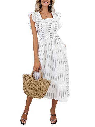 Miessial Women s Striped Linen Long Dress Elegant Ruffle Cap Sleeves Midi Dress White 8
