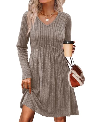 OFEEFAN Casual Dresses for Women Long Sleeve Sweater Dress Wedding Guest Dresses Cowboy Chic Winter Fashion Clothing Chocolate Brown Fall Boho Dress Khaki S