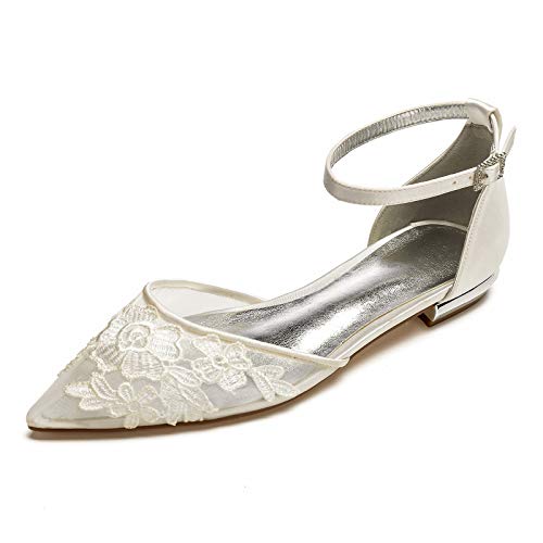 Charmstep Womens Pointed Toe Bridal Ballet Flats Ankle Strap Satin Mesh Lace Flowers Flat Wedding Dress Shoes 5047A-2