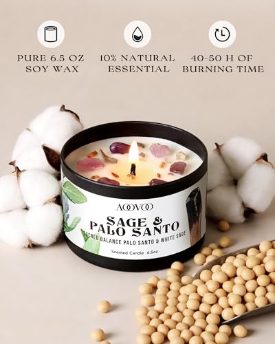 Image of AOOVOO 2 Pack Sage & Palo Santo Candles - Cleansing Candle with Crystals, Sage Leaves & Palo Santo Wood, 13oz 100 Hours Long Lasting, Non Toxic Candle for Spiritual Energy Cleansing Meditation Yoga