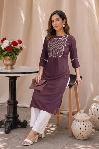 Image of MIRCHI FASHION Women's Straight Fit Rayon Sequins Embroidered and Polka Dots Printed Kurti Only