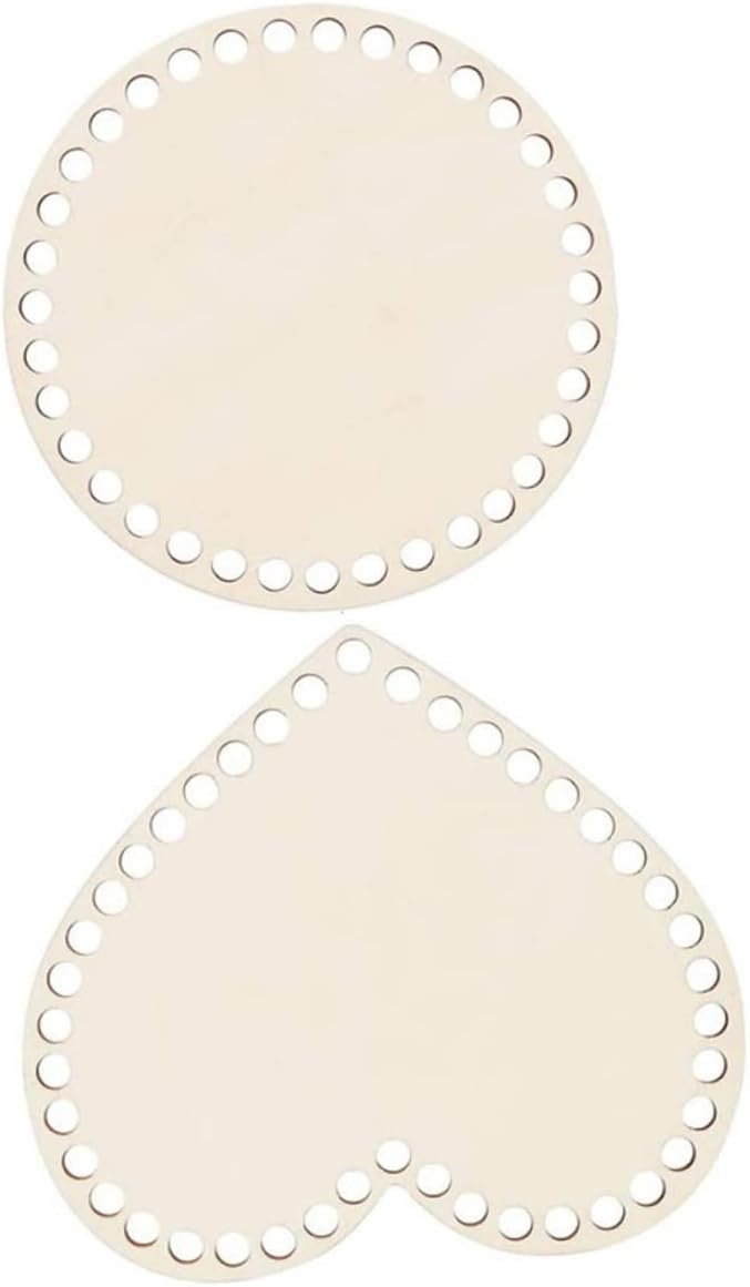NUOBESTY 2pcs Crochet Basket Bottoms Natural Wooden Round and Heart Bases for Craft Projects Pre-drilled for Easy Weaving and Versatile Bag Supplies