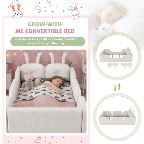 Image of Twin Size Kids Floor Bed Frame, Upholstered Montessori Platform Bed W /Removable Rails Cute Daybed Frame for Girls Boys, No Box Spring Required,Beige