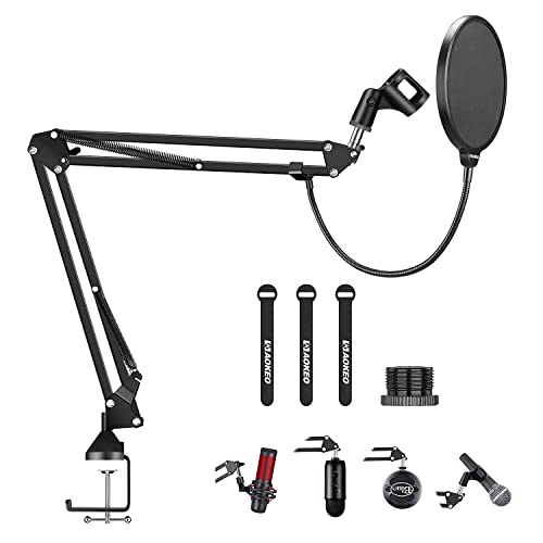 Microphone Arm Stand With Pop Filter ,Aokeo Microphone Desk Stand-Microphone Suspension Boom Scissor Arm Stand For Blue Yeti,Blue Snowball iCE,QuadCast,Elgato