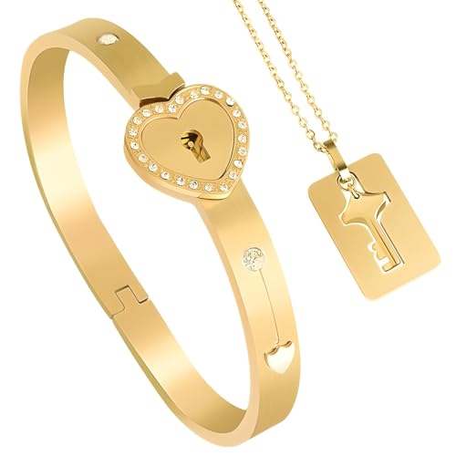 14K Yellow Gold Locking Bracelet With Key for Women, 925 Sterling Silver Love Heart Lock and Key Set, Bangle and Pendant Necklace for Couples