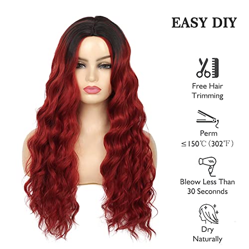Image of Swiking Ombre Red Long Curly Wigs for Women Wavy Black and Red Wig Natural Synthetic Hair Wig for Cospaly Halloween